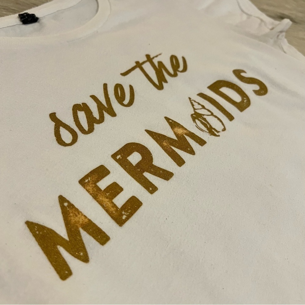 “SAVE THE MERMAIDS” S White Short Sleeve Baby Tee Retro Gold Lettering Crew Neck - Picture 3 of 8